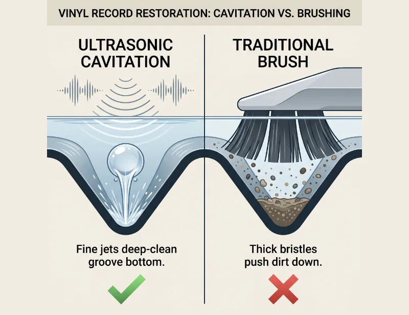 Acoustic cavitation cleaning bath removing microscopic debris prior to vinyl flattening