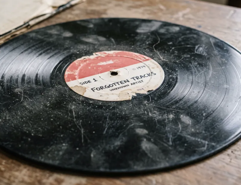 Dirty vintage vinyl record covered in dust fibers and handling residue